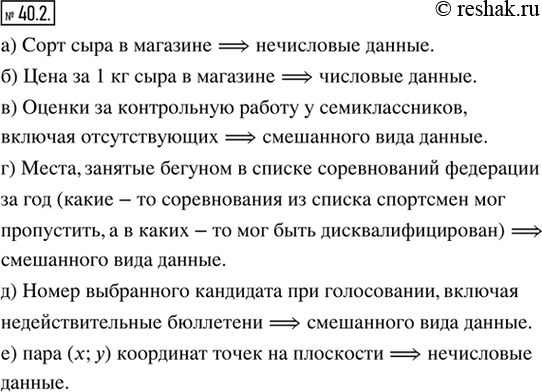 Изображение 40.2. Для перечисленных типов результатов укажите, какого вида данные получаются — числовые, нечисловые или смешанного вида:а) сорт сыра в магазине;б) цена за 1 кг...