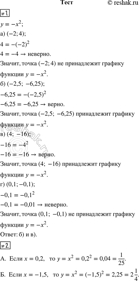 Изображение 1. Укажите точки, принадлежащие графику функции у = —х^2.а) (-2; 4)              в) (4; -16)б) (-2,5; -6,25)        г) (0,1; -0,1)2. Для функции у = х^2 установите...