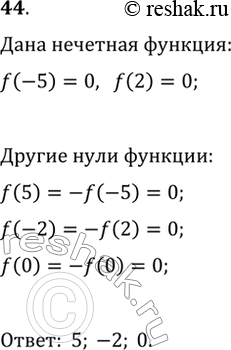 Изображение 44. Зная, что f — нечётная функция и что её нулями являются числа —5 и 2, укажите какие-нибудь другие нули этой функции, если...
