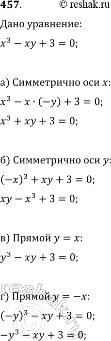 Изображение 457. Напишите уравнение, график которого симметричен графику уравнения x^3-xy+3=0 относительно:а) оси х;   б) оси у;   в) прямой y=x;   г) прямой...