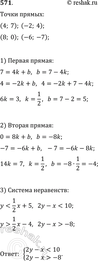 Изображение 571. Одна прямая проходит через точки (4; 7) и (—2; 4), а другая — через точки (8; 0) и (—6: —7). Докажите, что эти прямые являются границами некоторой полосы. Задайте...