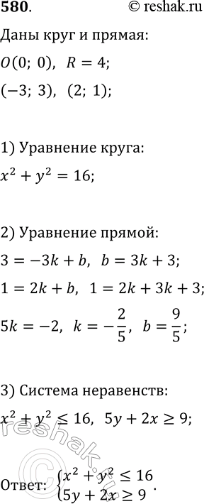 Изображение 580. Опишите системой неравенств меньшую часть круга с центром в точке (0; 0) и радиусом 4, которую отсекает от него прямая, проходящая через точки (—3; 3) и (2;...