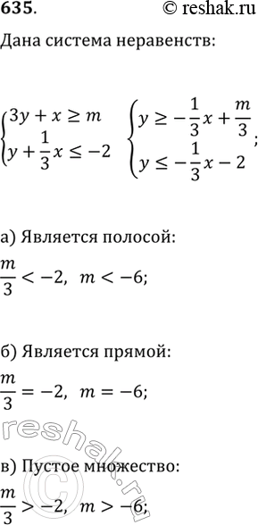 Изображение 635. При каких значениях параметра m множество точек координатной плоскости, задаваемое системой неравенств {3y+x?m, y+(1/3)x?-2} является:а) полосой;   б) прямой;  ...