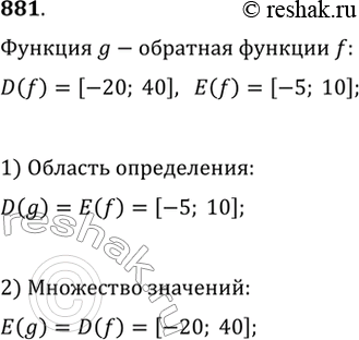 Изображение 881. Известно, что g — функция, обратная функции f, и что D(f)=[-20; 40], E(f)=[-5; 10]. Найдите D(g) и...