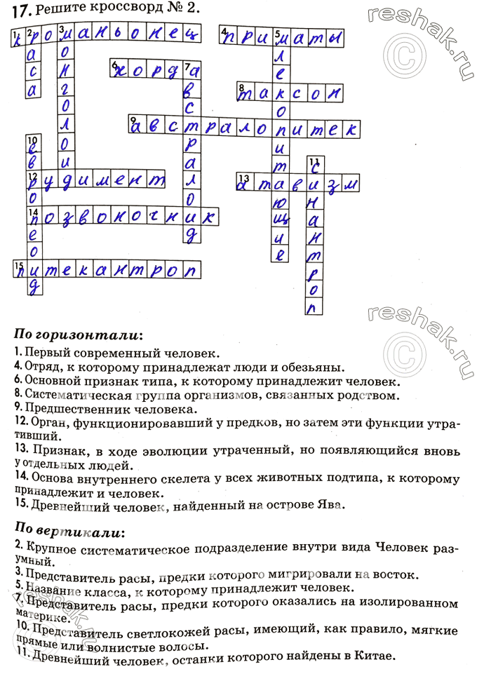 Изображение 17. Решите кроссворд № 2.По горизонтали:1. Первый современный человек.4. Отряд, к которому принадлежат люди и обезьяны.6. Основной признак типа, к которому...
