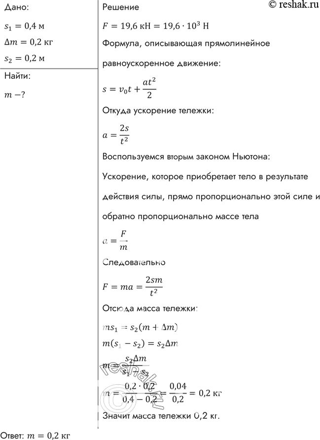 Изображение Под действием некоторой силы тележка, двигаясь из состояния покоя, прошла путь 40 см. Когда на тележку положили груз массой 200 г, то под действием той же силы за то же...