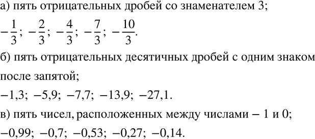 Изображение 600 Запишите:а) пять отрицательных дробей со знаменателем 3;б) пять отрицательных десятичных дробей с одним знаком после запятой;в) пять чисел, расположенных между...