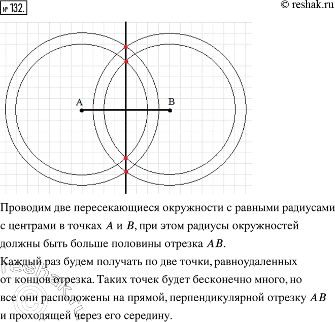 Изображение 132. Постройте точки, удалённые от концов отрезка АВ на 2 см. Сколько таких точек? Постройте ещё несколько точек, равноудалённых от концов отрезка. Где расположены все...