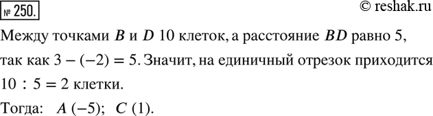 Изображение 250. На координатной прямой отмечены точки А, В, С, D. Координаты точек В и D известны. Найдите координаты точек А и...
