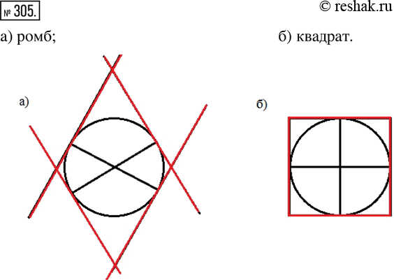 Изображение 305. Через концы диаметров окружности с центром в точке О проведите касательные к окружности. Вершинами какого четырёхугольника являются точки пересечения...