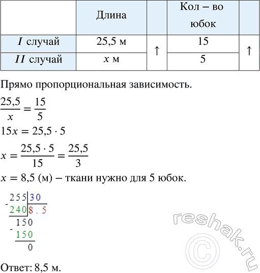 Изображение 3.65. Из 25,5 м шерстяной ткани пошили 15 юбок. Сколько ткани нужно для 5 таких юбок?Решим задачу при помощи уравнения.Пусть  x  м ткани необходимо для пошива 5...