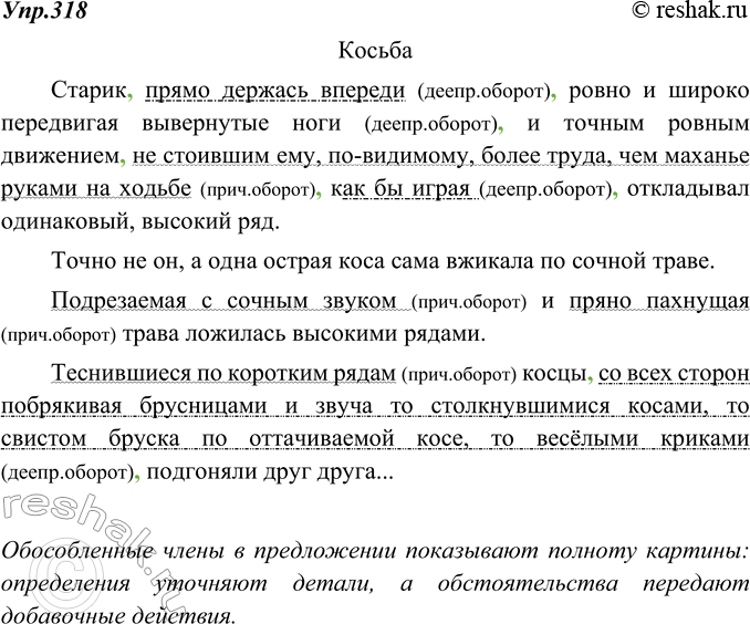 Изображение 318. Запишите, выделяя запятыми обособленные члены предложения. Укажите графически причастные и деепричастные обороты. Выполните самопроверку.Поясните на примере...