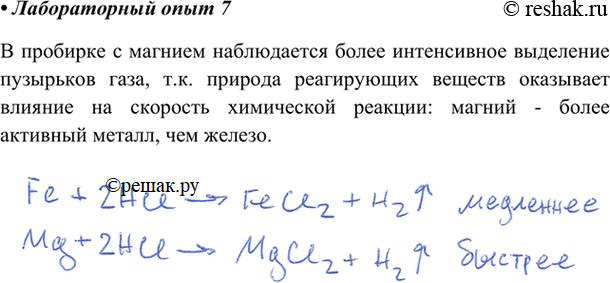 Изображение В две пробирки налейте по 2—3 мл 10%-ной соляной кислоты. В одну пробирку опустите кусочек железа (стальную скрепку), в другую такой же кусочек магния. В какой из...